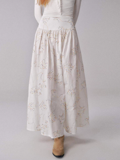 "糖果多巴胺" Color-Accented Embroidered Flared Midi Skirt (White)