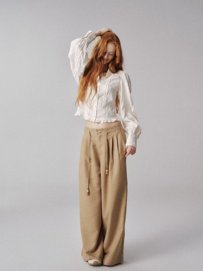 "月下听风" Textured Lantern Sleeve Blouse with Ruffle Hem