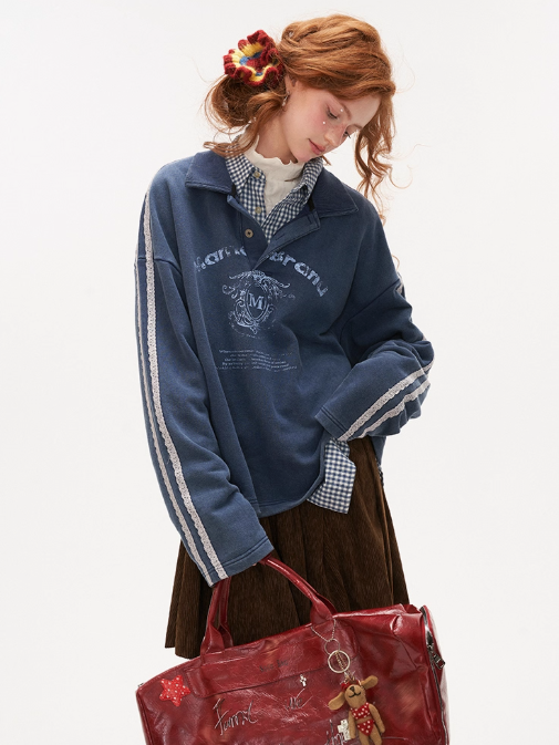 MAMC - Washed Lace-Collar Polo Sweatshirt