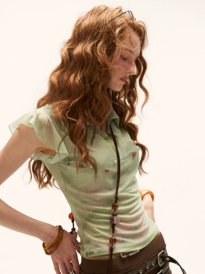"Vintage Oil Bloom" Beaded Flutter Sleeve Polo Top WE958
