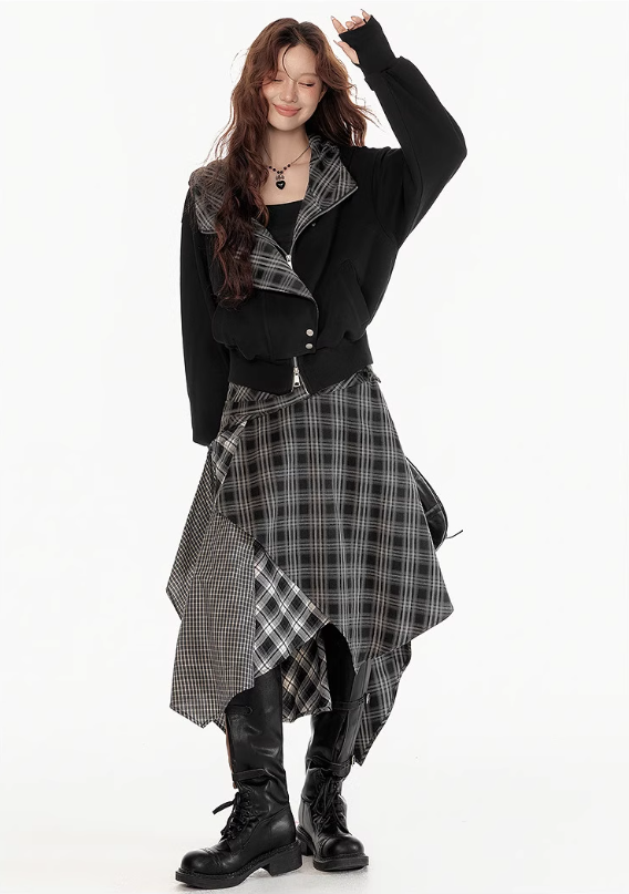 EPTISON - Y2K Plaid Patchwork Hooded Jacket
