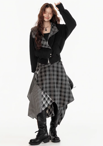 EPTISON - Y2K Plaid Patchwork Hooded Jacket
