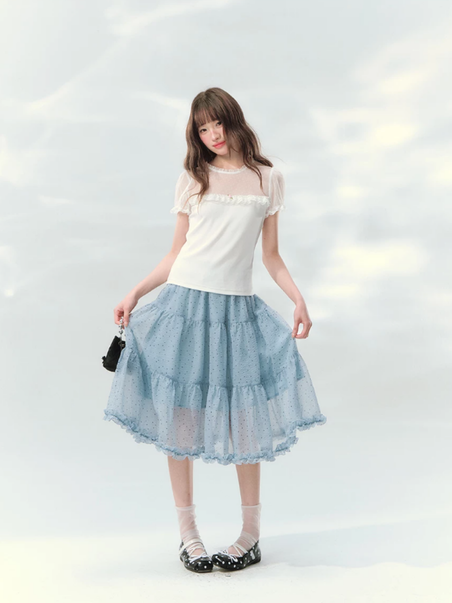“Soft Candy Stardust” Lace Mesh Puff Sleeve Tee  LL2026149
