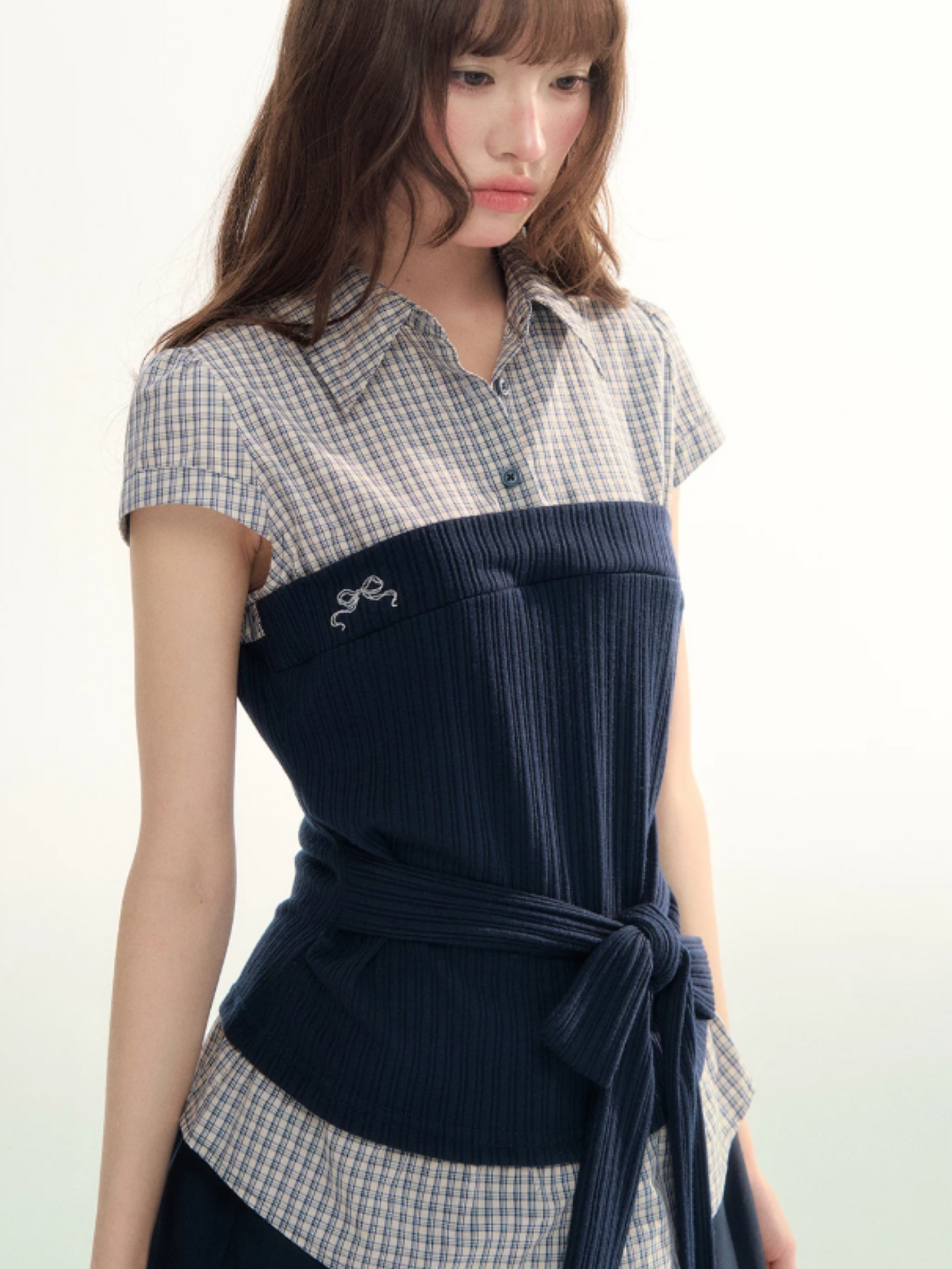 Pastel Plaid Knit Shirt & A-Line Puffy Skirt Set LL2026112