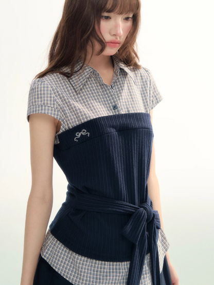 Pastel Plaid Knit Shirt & A-Line Puffy Skirt Set LL2026112