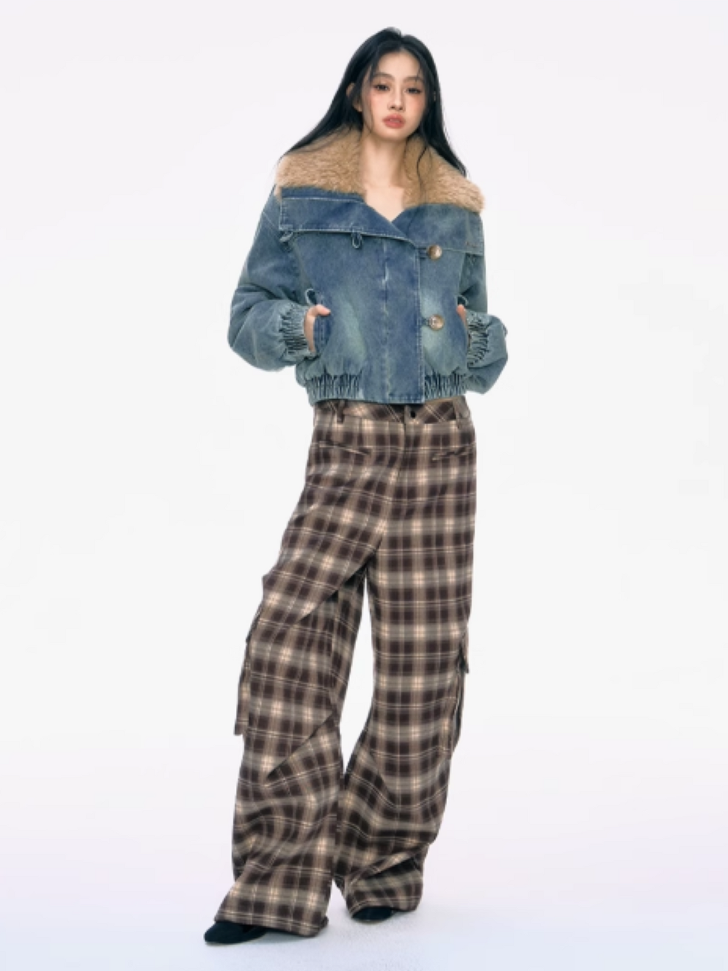 PCH - Cropped Denim Jacket with Faux Shearling Collar