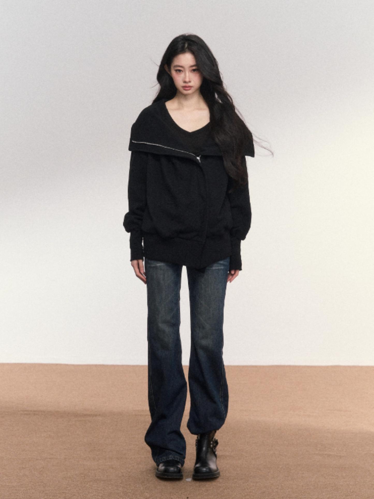 PCH - Cotton Zip-Up Hoodie with Detachable Collar (Black)