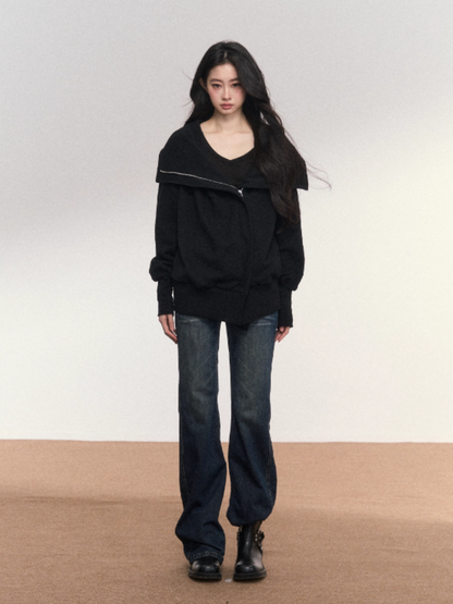 PCH - Cotton Zip-Up Hoodie with Detachable Collar (Black)