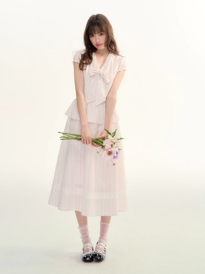 Pink Stripe Bow Detail Midi Dress LL2026080