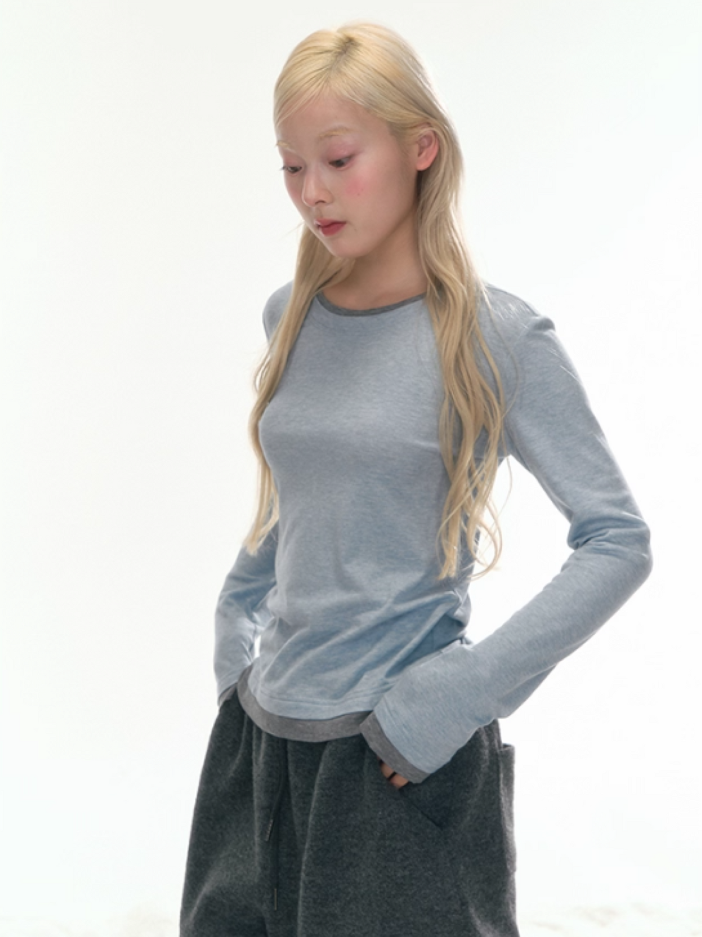 "Cream Cloud" Blue – Gray Colorblock Wool Knit Top LL2025471