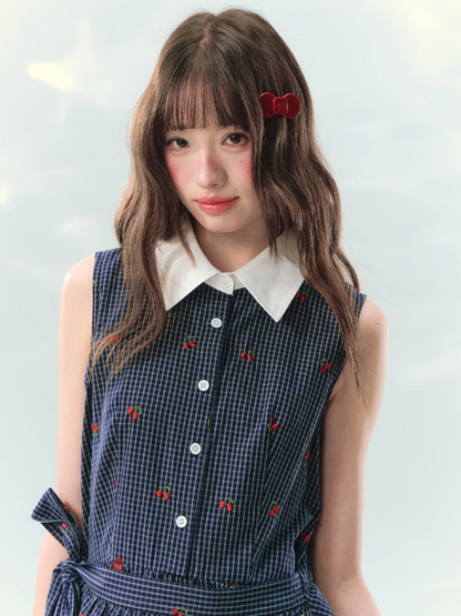 “Twin Bloom Letters” Navy Plaid Embroidered Shirt Dress LL2026139