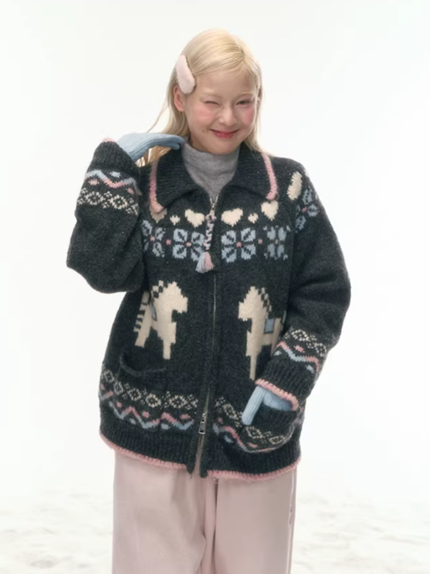 "Nordic Fairytale" Charcoal Pony Zip-Up Knit Cardigan WW2025449