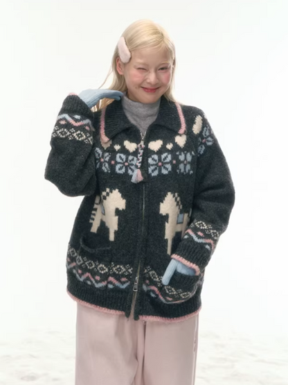 "Nordic Fairytale" Charcoal Pony Zip-Up Knit Cardigan WW2025449