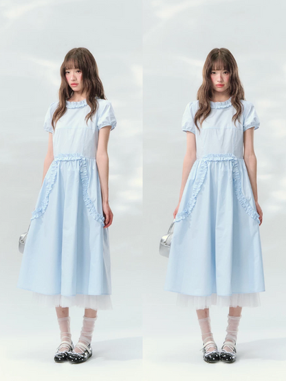 “Cloudside Blue” Mist Blue Puff Sleeve Midi Dress LL2026123