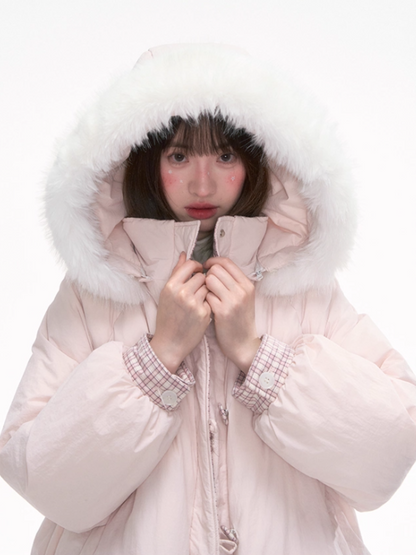 "Snow Mirage" Layered Bloom Down Parka – Pink Faux Two-Piece Hooded Coat with Fur Trim