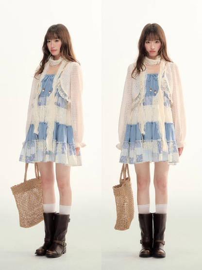 Blue Patchwork Tiered Smocked Dress LL2026106