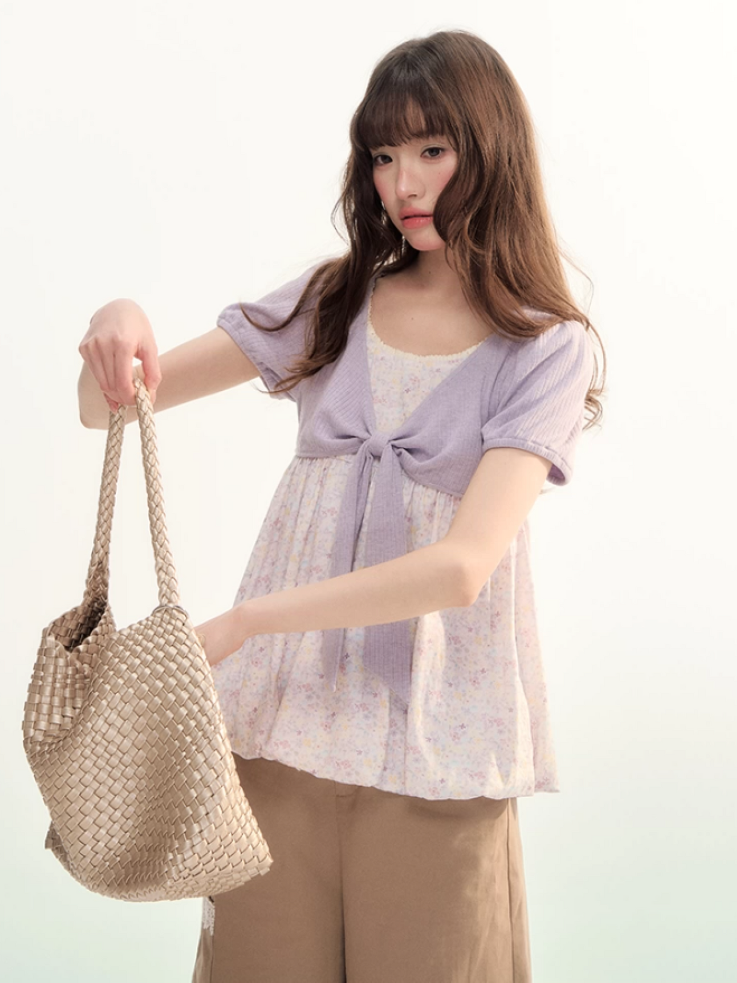 Floral Bow Puff Sleeve Bubble Top LL2026073