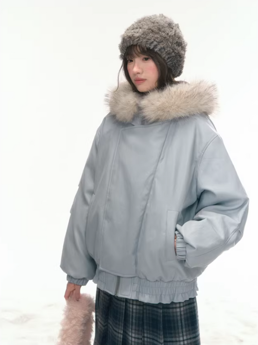 "Sea Salt Snow" Creamy Blue PU Parka Down Jacket with Fur Collar WW2025450