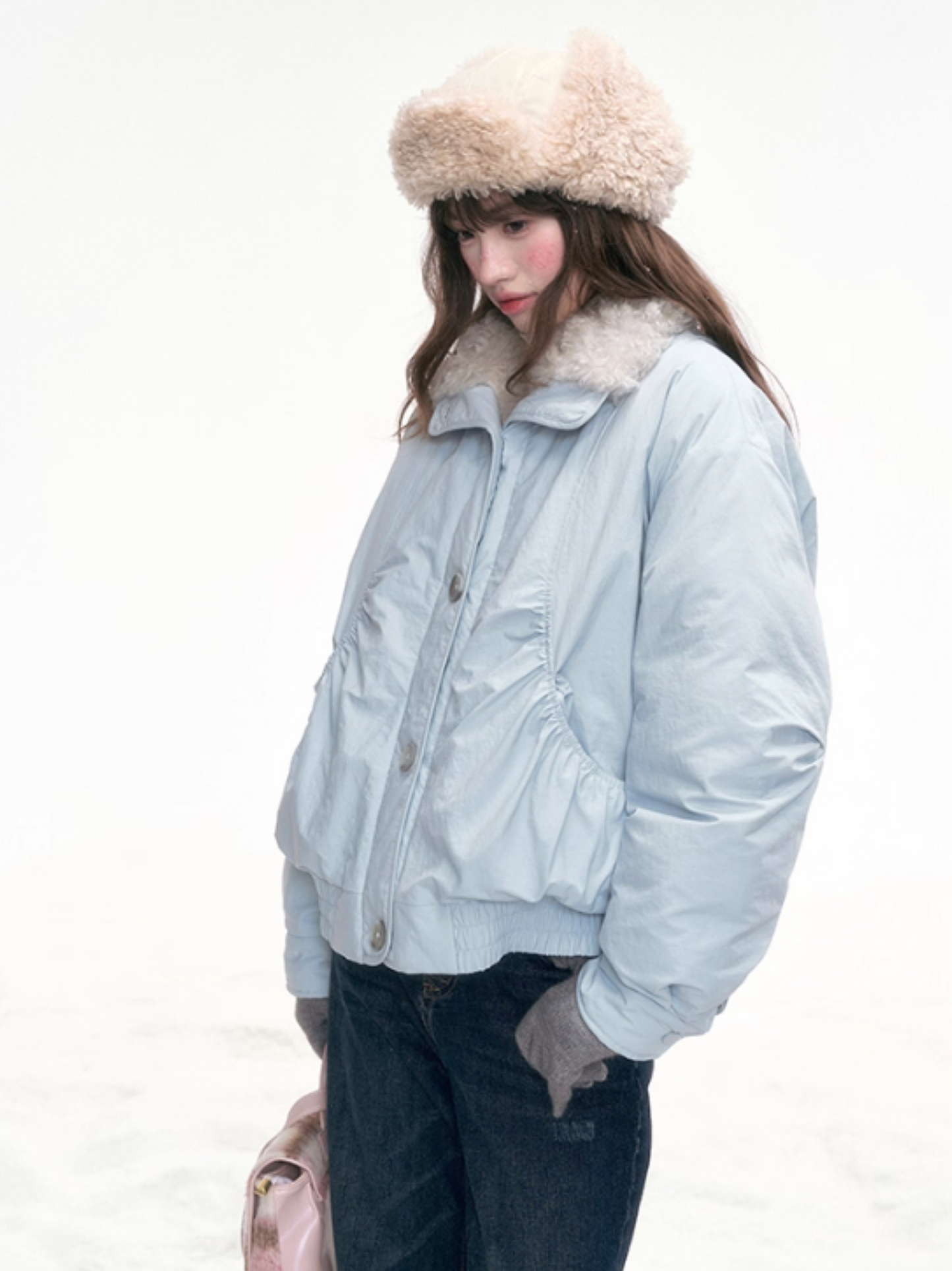 "Soft Mist Cove" Contrast Collar Down Jacket – Sky Blue & Light Gray LL2025308