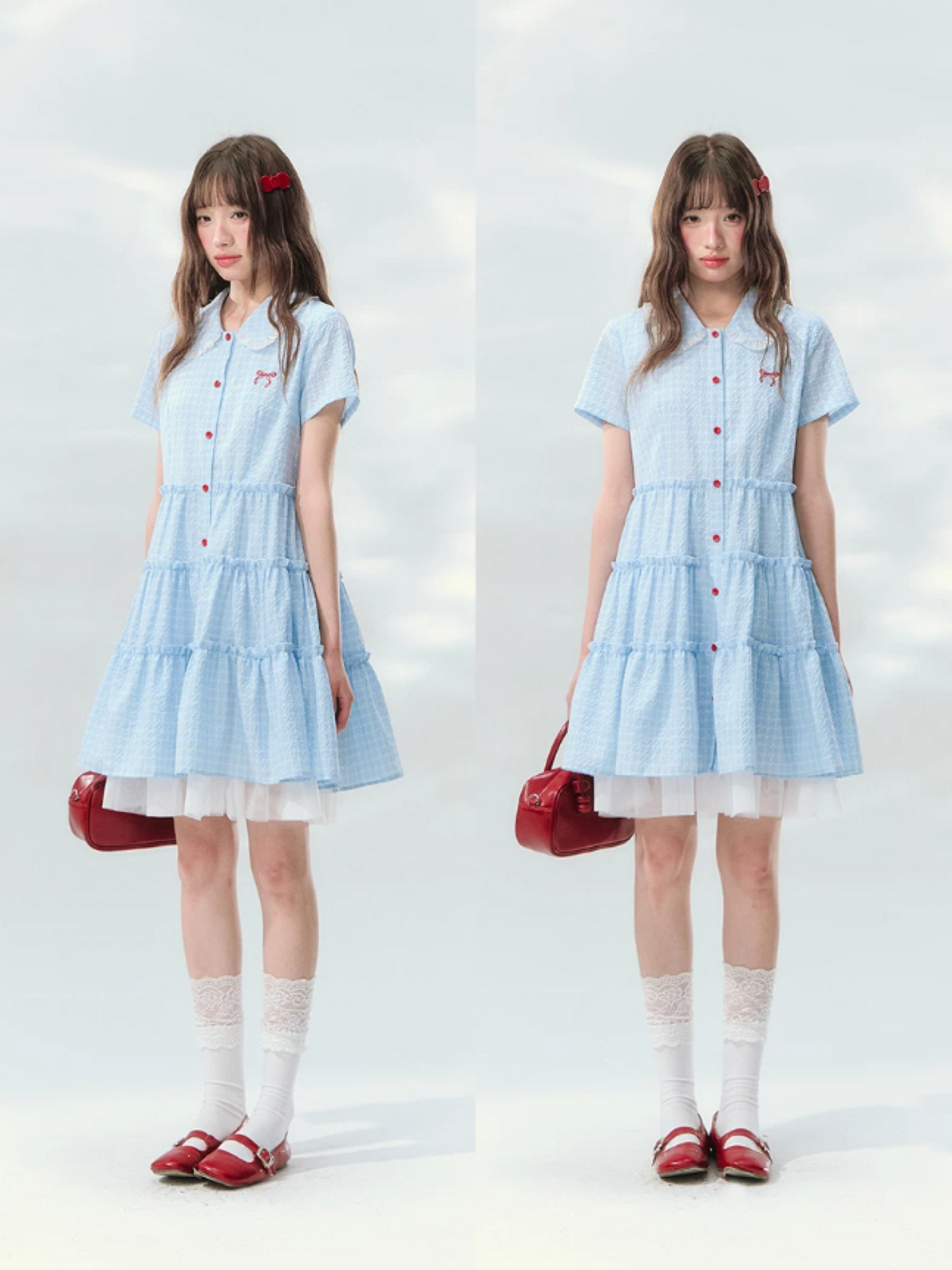 “Weaving Red Melody” Blue Plaid Tiered Ribbon Dress SJ2026125