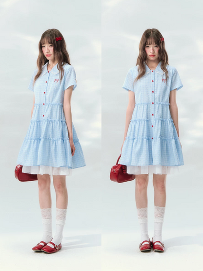 “Weaving Red Melody” Blue Plaid Tiered Ribbon Dress SJ2026125