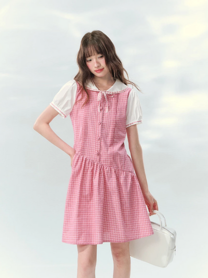 “Peach Plaid Academy” Pink Plaid Peter Pan Dress LL2026152
