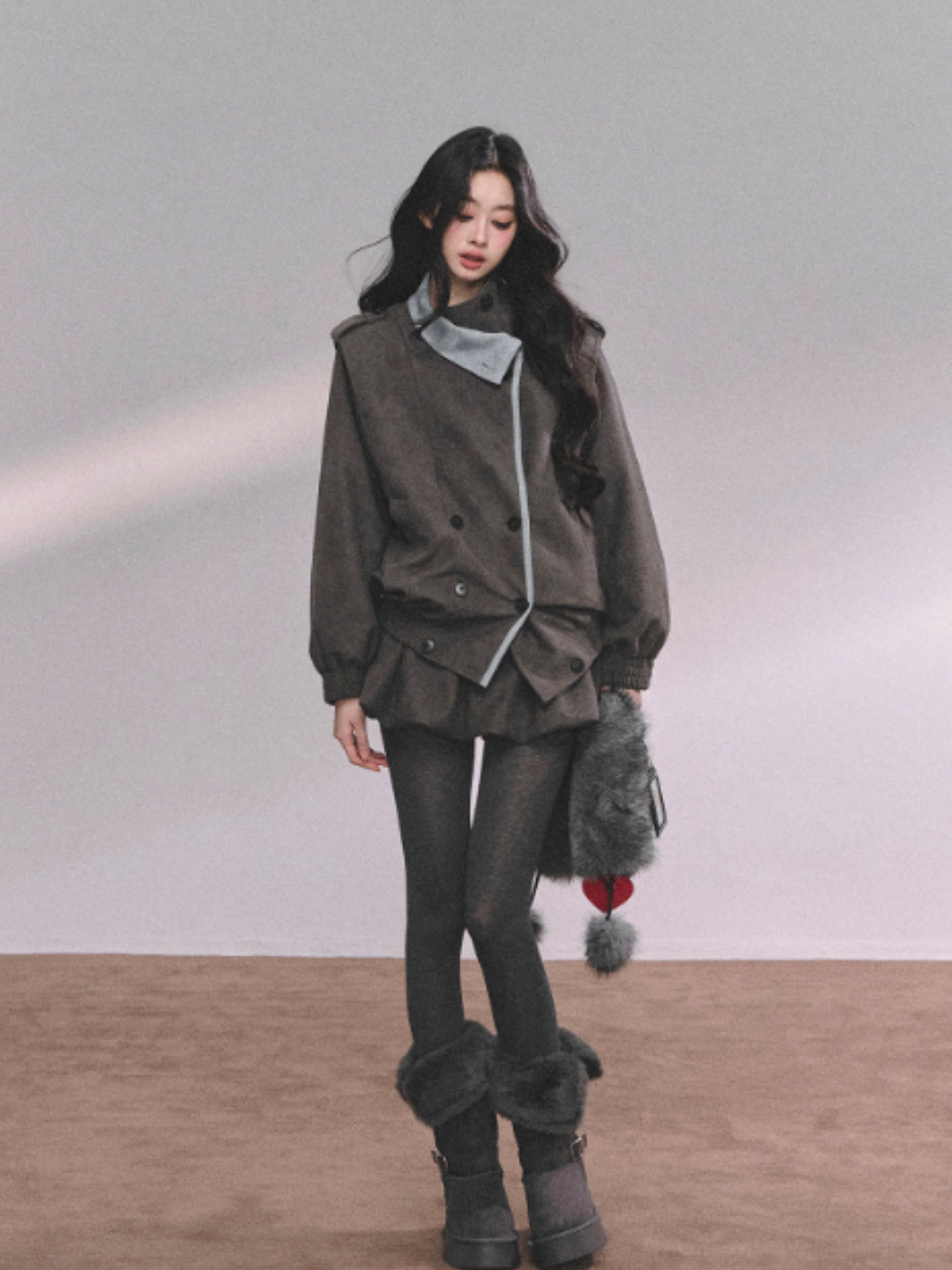 少也眼 Elegant French-Inspired Grey Jacket and Skirt Set