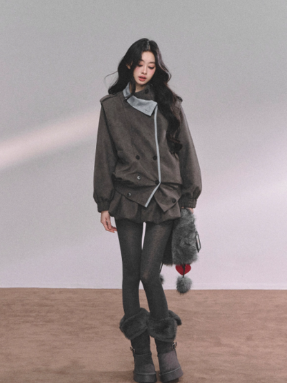 少也眼 Elegant French-Inspired Grey Jacket and Skirt Set