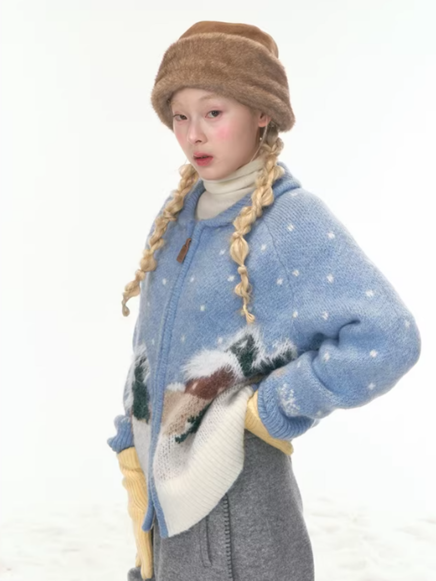 "Hand-Stitched Snow Fairytale" Blue Zip-Up Knit Cardigan LL2025448