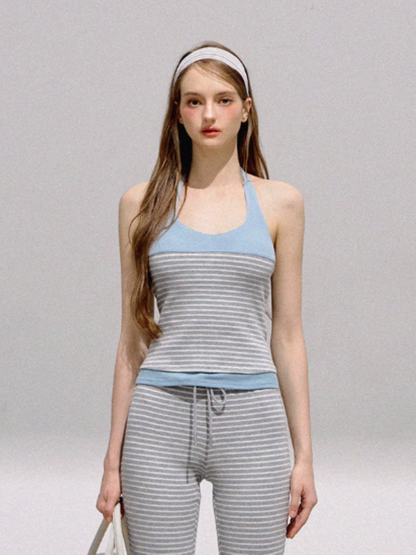 BOHOL BLING - Colorblock Yoga-Inspired Knit Halter Top Set – Camisole, Cardigan & Pants