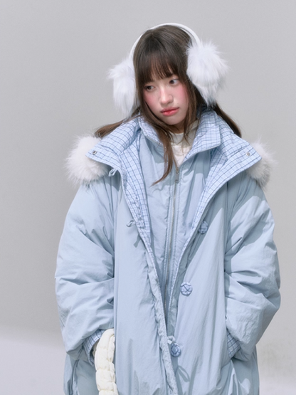 "雪境叠影" Faux Two-Piece Blue Down Jacket with 90% Duck Down & Fur Hood