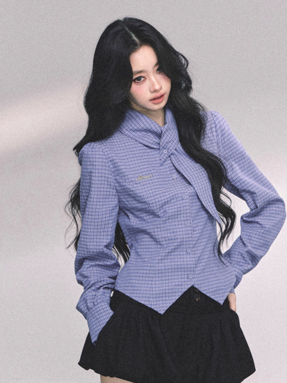 少也眼 American-Style Loose-Fit Plaid Shirt – Blue