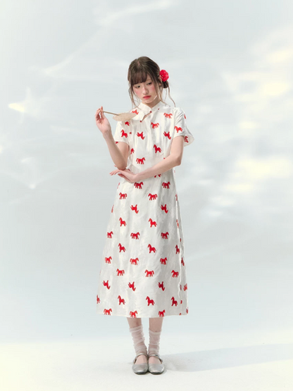 “Crimson Steed Reverie” Red Embroidered Cheongsam Dress LL2026165