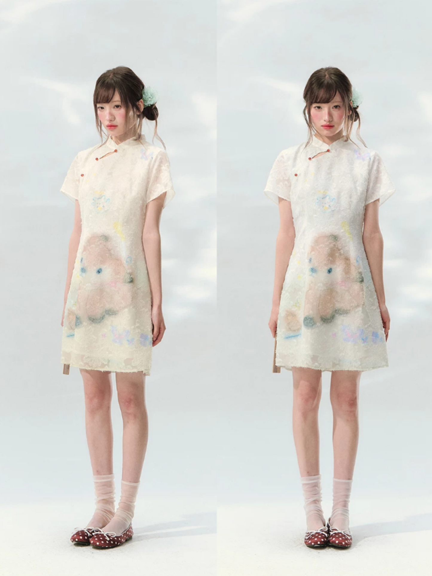 “Velvet Deer Whisper” Ivory Deer Print Cheongsam Dress LL2026174