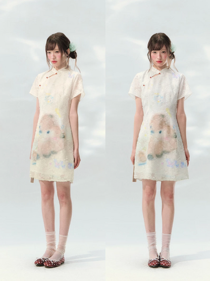 “Velvet Deer Whisper” Ivory Deer Print Cheongsam Dress LL2026174