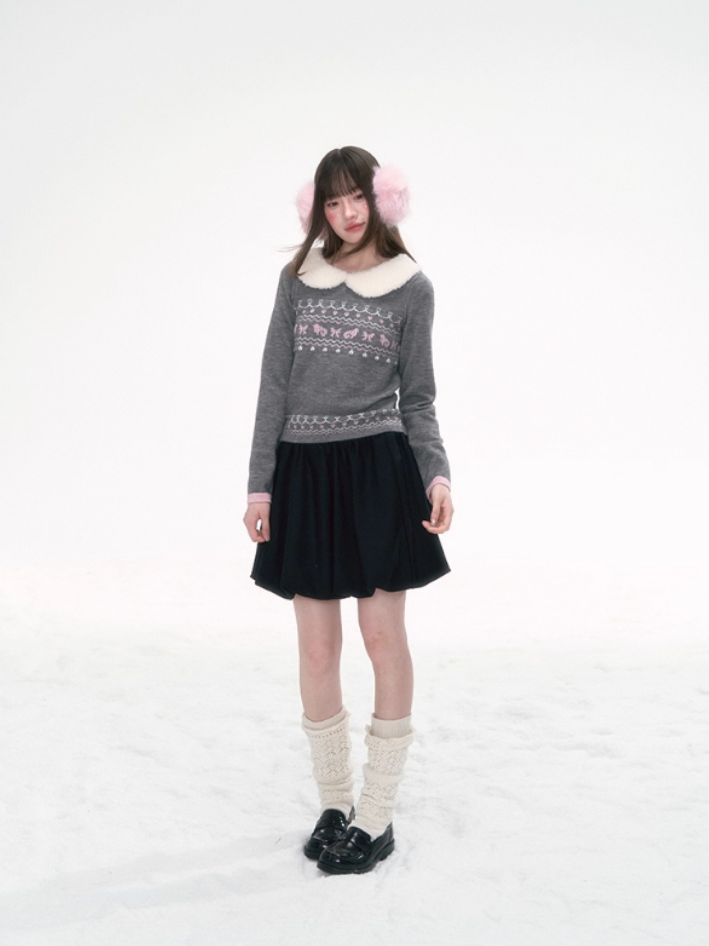 '雪绒甜心' Fair Isle Knit Top with Detachable Faux Fur Peter Pan Collar – Gray/ Navy
