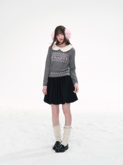 '雪绒甜心' Fair Isle Knit Top with Detachable Faux Fur Peter Pan Collar – Gray/ Navy