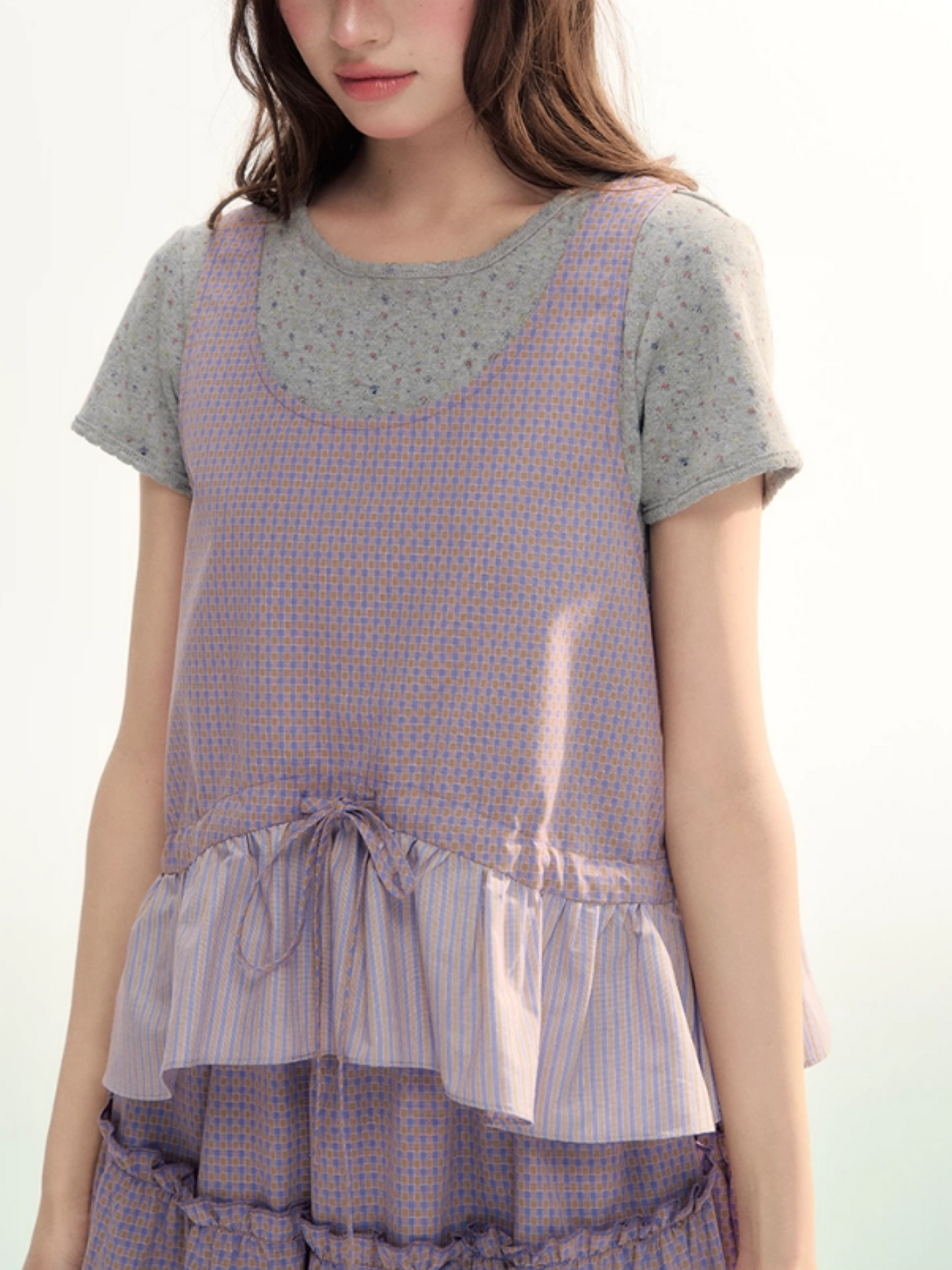 Lavender Plaid Bubble Top & Tiered Skirt Set SJ2026091