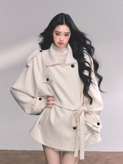 少也眼 British-Inspired Loose Wool-Blend Trench Coat