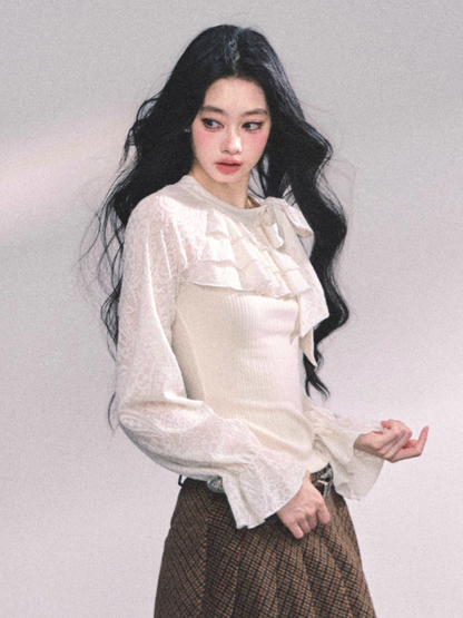 少也眼 Moon-lit Ruffle Lace Knit Layered Long Sleeve Top