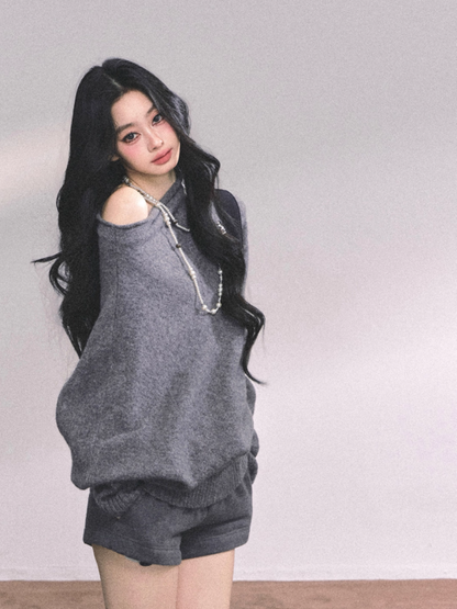 少也眼 Korean Off-Shoulder Slouchy Knit Sweater