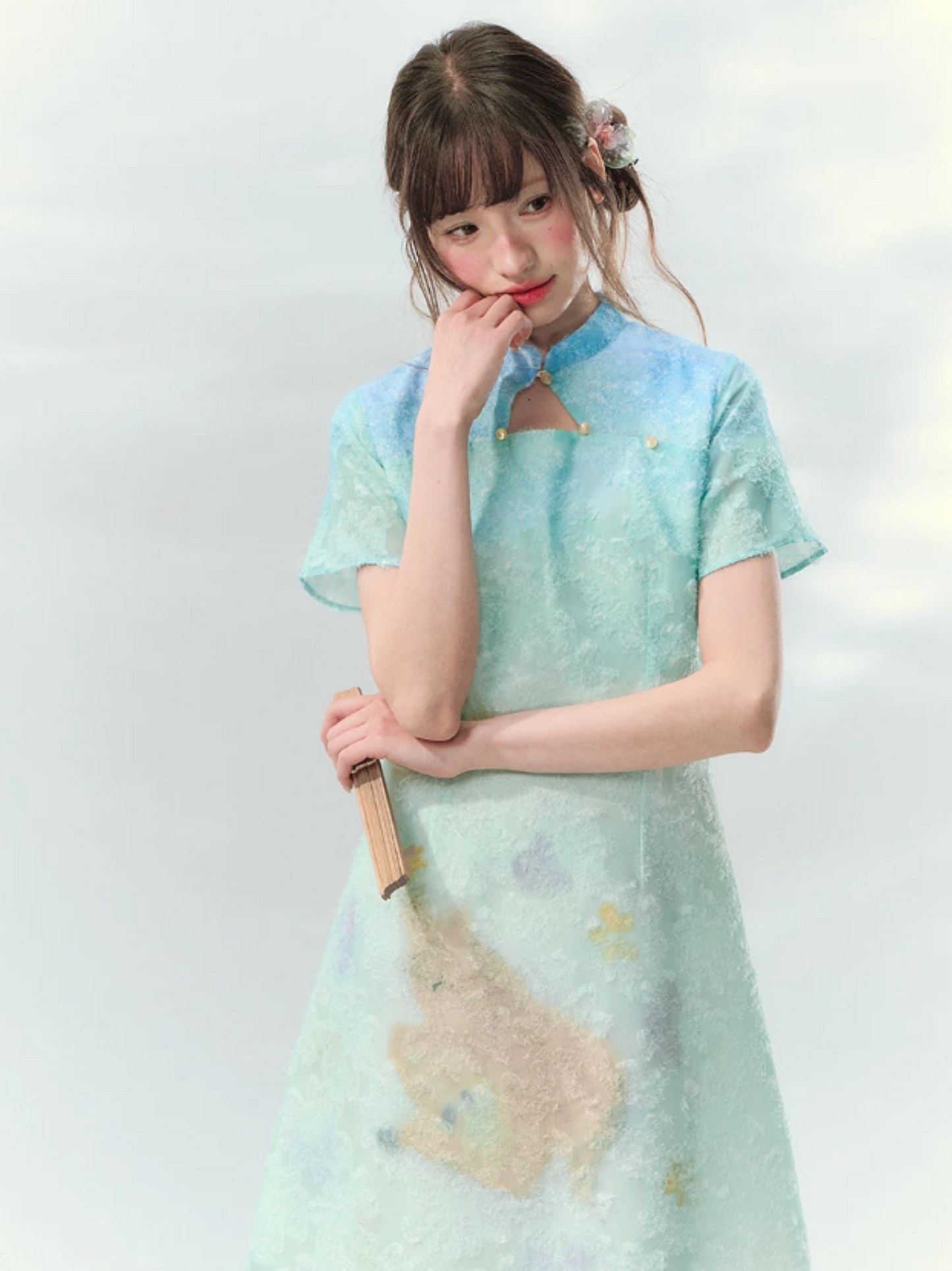 “Velvet Deer Whisper” Teal Deer Print Cheongsam Dress LL2026174