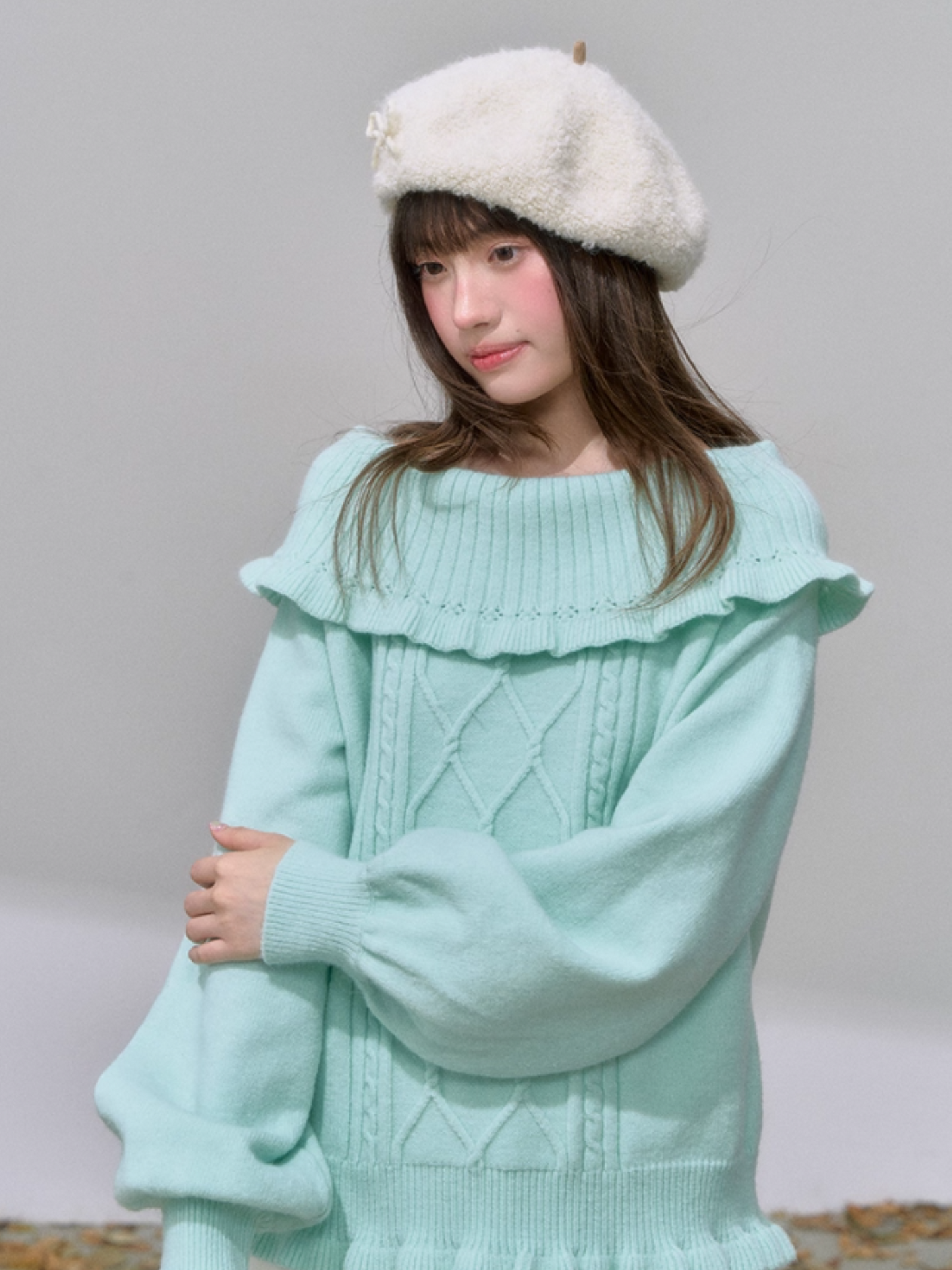 "薄荷云诗" Mint Green Korean Off-Shoulder Cable Knit Sweater