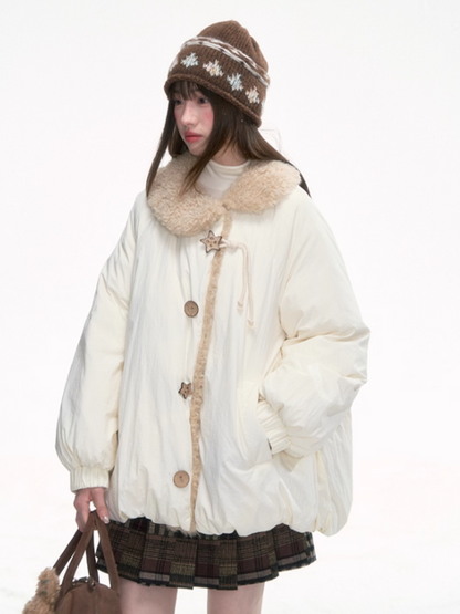 '绒间星轨' Puffer Jacket with Faux Fur Collar – Beige