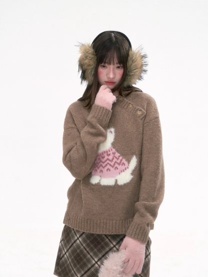 '可可慕斯' Brown Knit Sweater with Westie Dog Embroidery