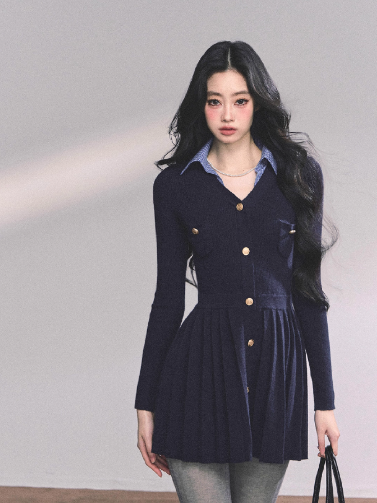 少也眼 Paisley Notes Faux Two-Piece Knitted Dress