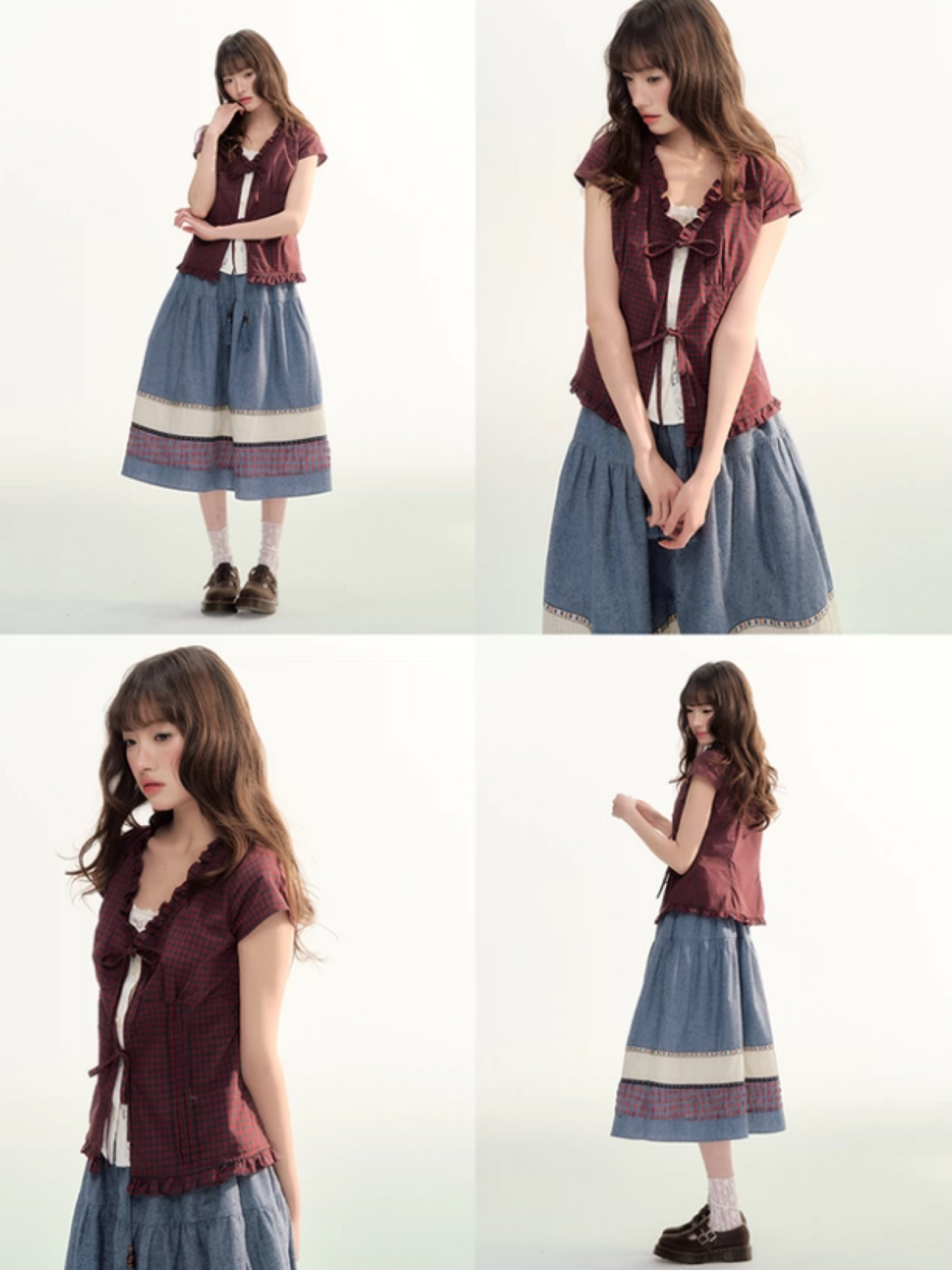 Red Plaid Lace Trim Tie-Front Blouse WW2026086
