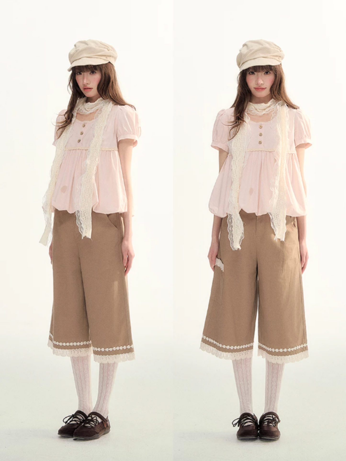 Soft Pink Lace Bubble Hem Blouse WW2026084