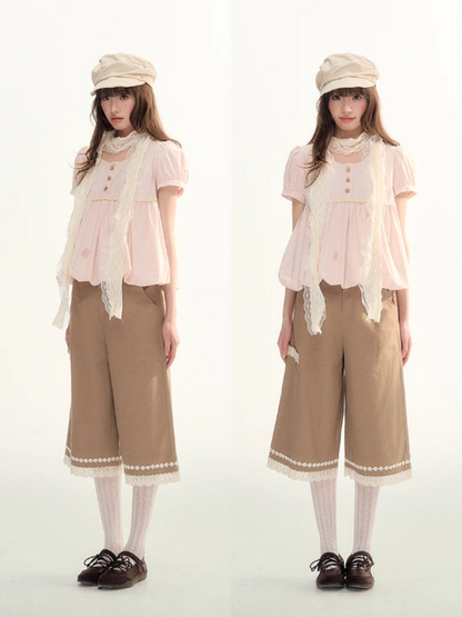 Soft Pink Lace Bubble Hem Blouse WW2026084