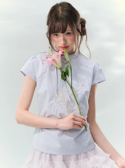 “Lilac Embroidered Whisper” Orchid Purple Mandarin Collar Blouse